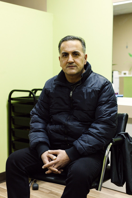 Mohammed Kurdi at his sister’s salon, where he now works, in Vancouver, BC. Shot for PBS January 2016.