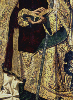 merlge:  Bartolomé Bermejo. Saint Dominic of Silos enthroned as Bishop (fragment), 1474-1477. Prado 