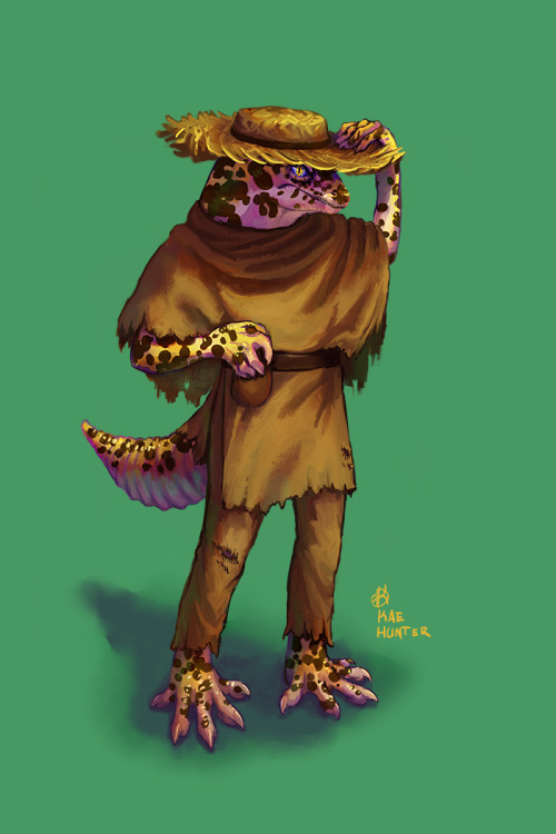 [id: an anthropomorphic lizard resembling a leopard gecko and wearing a tattered brown poncho tunic 