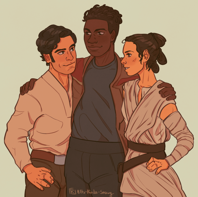 An illustration featuring from left to right Poe, Finn, and Rey from the thigh up. Finn can be seen holding both Poe and Rey's shoulder while all three of them are smiling at each other. 