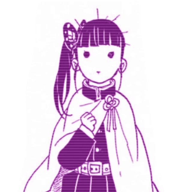 an icon of kanao from demon slayer manga. it has a purple filter. it is a simple drawing of her looking dumbfounded. she has a blank expression.