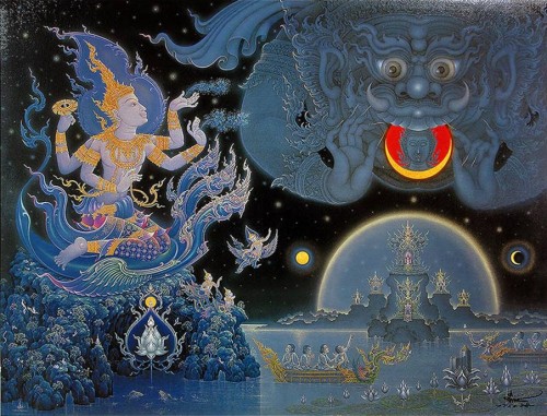 Vishnu and eclipse with Rahu, thai art