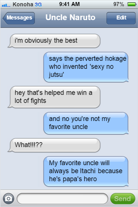 textingninjasofkonoha:  Naruto just wants to be a favorite uncle.