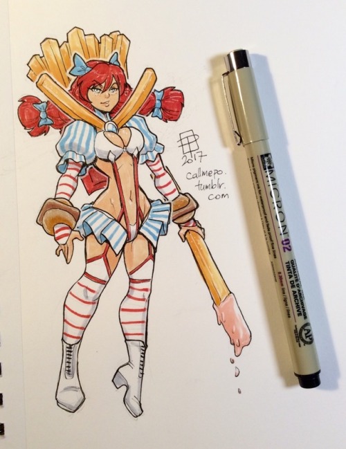 callmepo: The Wendy’s girl gets a Kamui of her own - ala Kill la Kill. I call this a tiny doodle plus because it *started* as one.. then I kinda kept on going. …and yes, she did dip her fry in a strawberry frosty. I used to do that too.  <3 /////<3