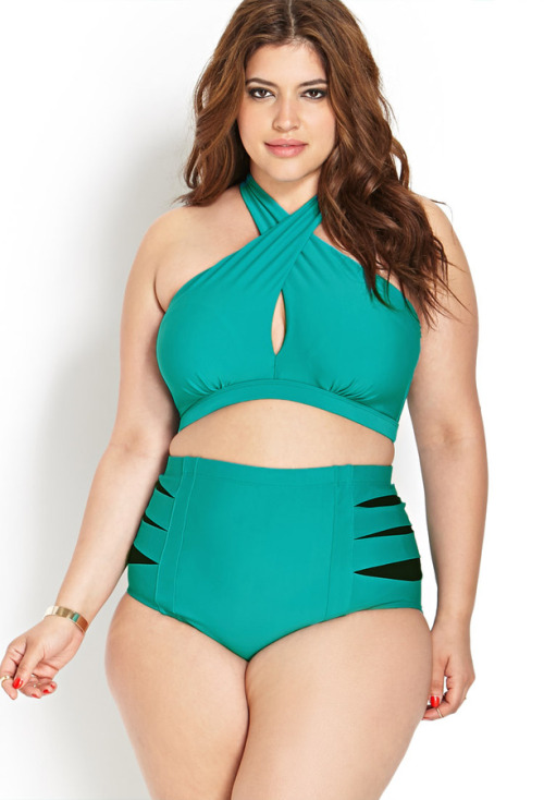 slippedintomycoffee:  curveappeal:  Denise Bidot for Forever 21  42 inch bust, 34 inch waist, 47 inch hipsBombshell Bikini Bottom in TealRetro Halter SwimsuitFierce Fiesta Bikini SetBombshell Bikini Bottom in WhiteBold Cutout Bikini SetWorldly Fringe