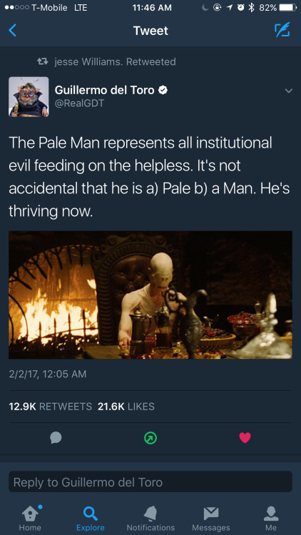 minumaja:lipstick-feminists:[Screenshot of a tweet from Guillermo del Toro saying “T