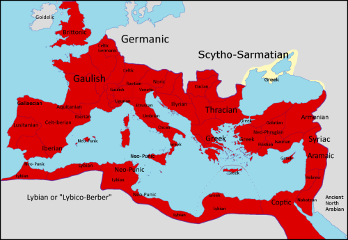 historylover1230:Map of the regional languages of the Roman Empire circa 150 CE. While Latin was the