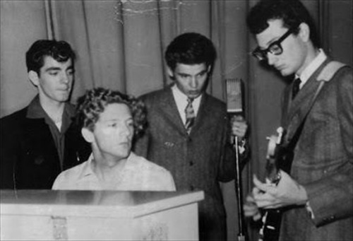 flash-gordo:  What a bunch of cool cool cats!  Buddy Holly with Jerry Lee Lewis, Don Everly, and Jimmy Velvet Source 