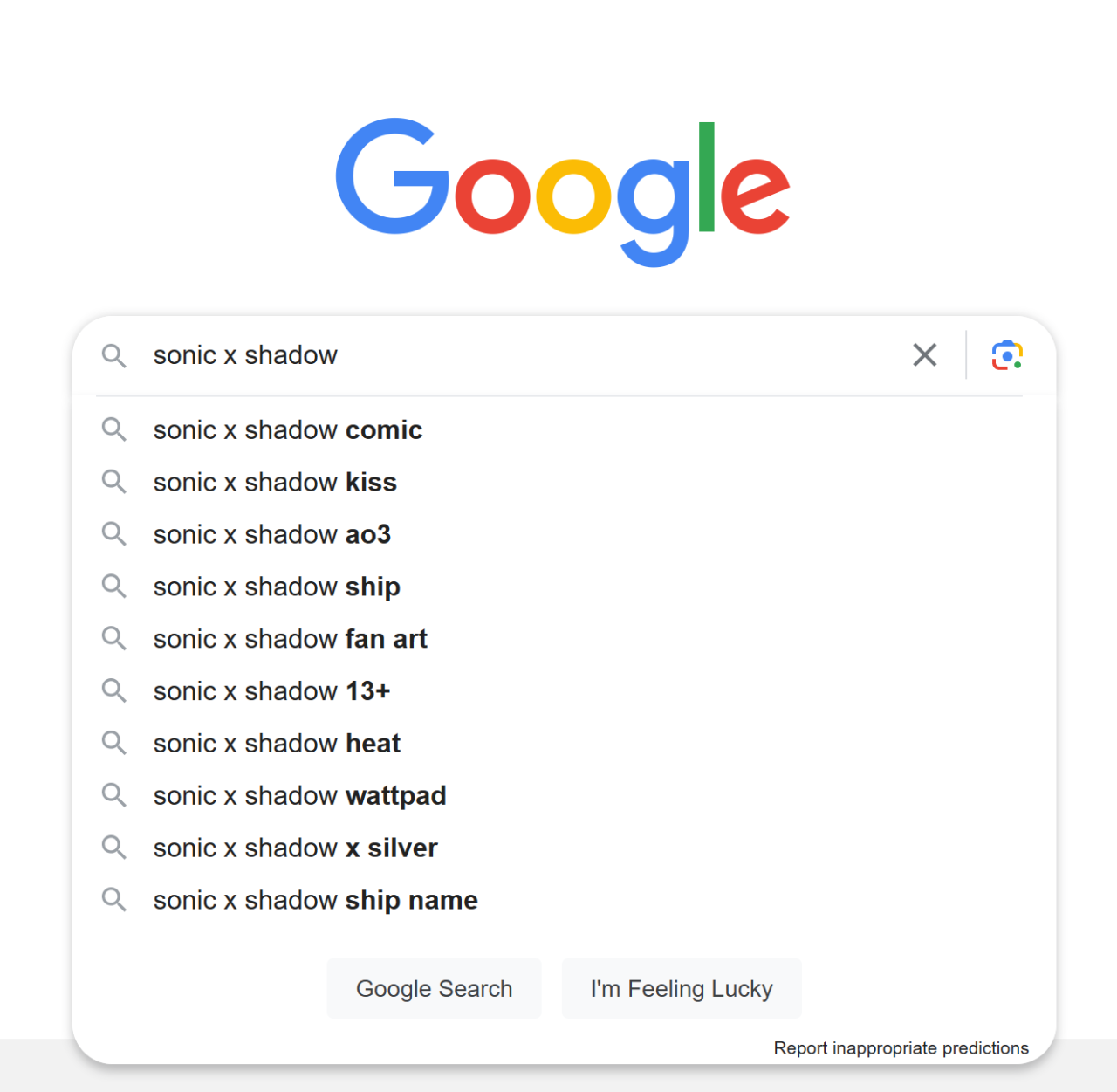 a Google autocomplete list for 'Sonic x Shadow', screenshotted just after the announcement of Sonic x Shadow Generations. The full list of suggestions are "comic", "kiss", "ao3", "ship", "fan art", "13+", "heat", "wattpad", "x silver" and "ship name"