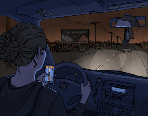 darbydraws:Long flat roads, tons of corn, animals in the headlights, ominous billboards… must be the midwest.