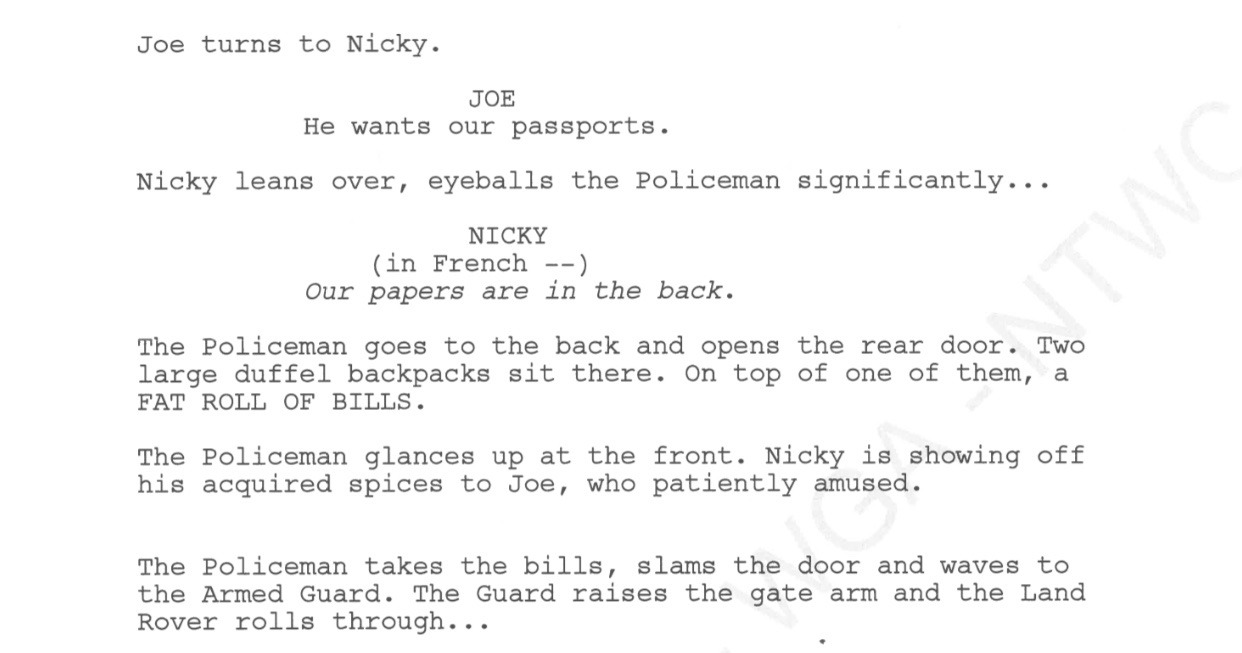 alwaysalreadyangry:Help THIS was going to be our introduction to Joe and Nicky????? the spices????? bribing border agents????