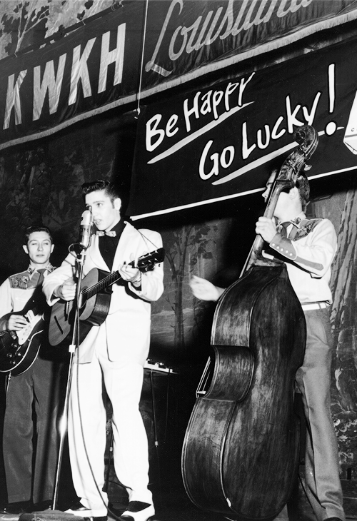 vinceveretts:  Elvis, Scotty and Bill performing on Louisiana Hayride, October 16,