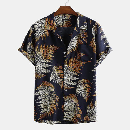 neon-avocado: Cotton Leaf Printed Chest Pocket Turn Down Collar Short Sleeve Shirts Check out HERE 2