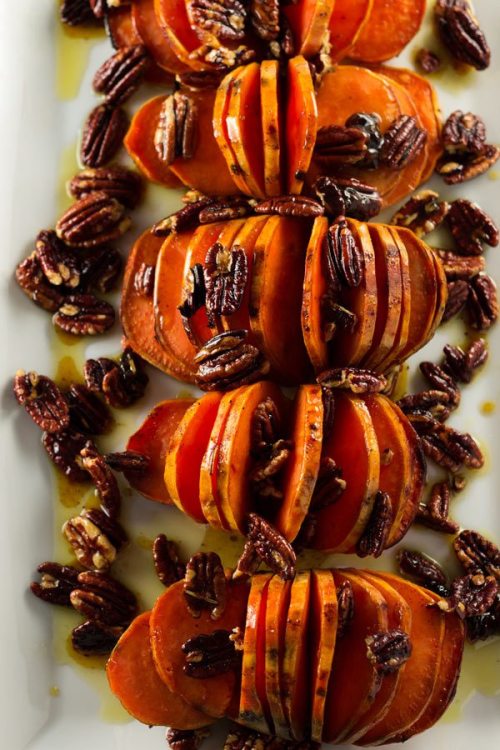 Hasselback sweet potatoes with pecans and orange rosemary glaze