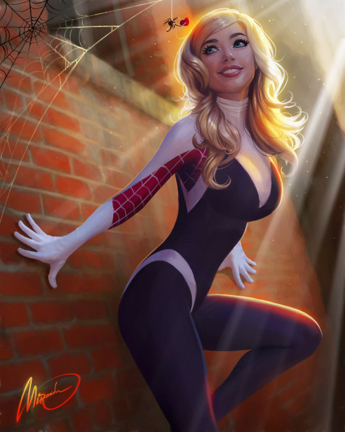 Gwen Stacy and the little spider.  Mironishin Storywww.artstation.com/artwork/XnxXOY 