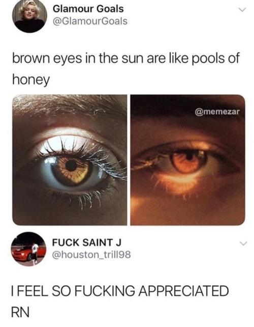 onyourleftbooob:  butterearsgaptooth:  I don’t know I feel like my brown eyes are ugly  That’s because of European standards of beauty babe!! 