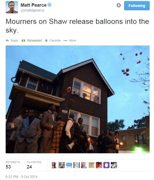 iwriteaboutfeminism:  The community releases balloons into the sky in remembrance of VonDerrit Myers. Thursday, October 9th 