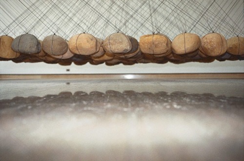 orbitalencounters:  Ken Unsworth. Suspended stone circle II 103 river stones, wire. 400.00