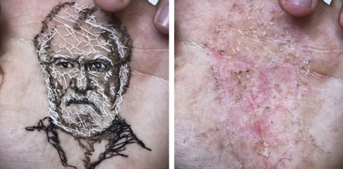 oau:  Hand Sewn Portraits  David Catá  “The Spanish artist uses his body as a canvas, writing an autobiographical diary. In his ongoing series ‘A Flor De Piel’, he embroiders portraits of people who have influenced or marked his life – family,