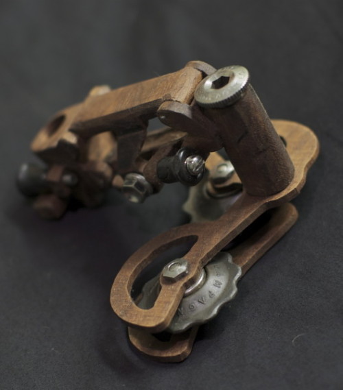 Fully functioning wooden Campagnolo derailleur created by woodworking student Max Hoffman.  &ld