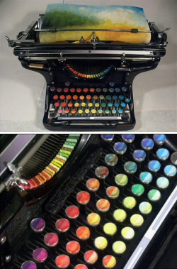 girljanitor:  escapekit:   Chromatic Typewriter Prints Tyree Callahan has recycled (or upcycled, perhaps) a classic 1937 Underwood typewriter by replacing letters with sponges soaked across the spectrum with bright yellows, reds, blues and combinations