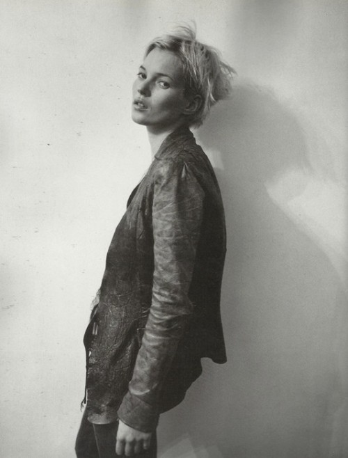 Kate Moss in 2001 wearing a Rick Owens leather jacket for an editorial shot with Corinne Day