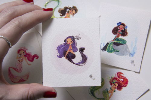 Very mini mermies measuring 1.5 inches tall!Painted with gouache on arches watercolor paperThey come