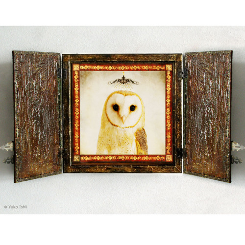  healing owlmixed media assemblage on wood panel© Yuko Ishiithis piece is available at ArtXchange ga