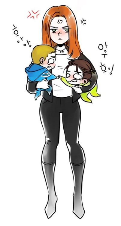 Natasha holding baby Steve and baby Bucky, who don&rsquo;t wanna be seperated. She looks like she&rs