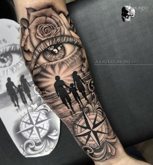 emmatai88: Amazing eye clock family silhouette compass tattoo by Julio Loureiro @julioloureiro_art !
