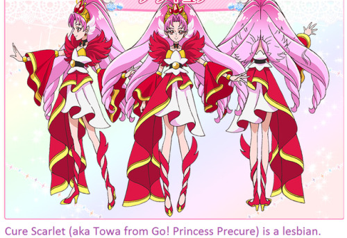 Cure Scarlet (Aka Towa from Go! Princess Precure) is a Lesbian.Submitted by @yellowmagicalgirl