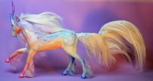 quequinoxart:  “Borealis” is a one of a kind, hand made kirin sculpture. She is made from polymer clay over wire and foil and painted in acrylics. Her hair is cashmere goat fur and she has light blue resin eyes. She is about 13 inches long in total