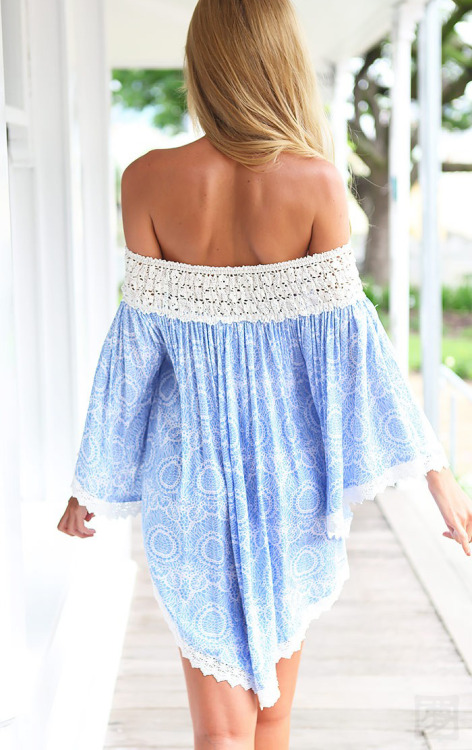 vinstage:    Blue Off the Shoulder Lace Floral Dress  