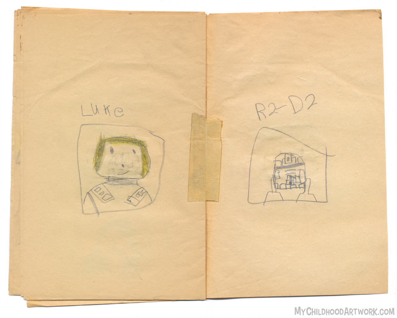 Age 6, 1977
Star Wars book
Luke and R2-D2 portraits.
I really like these little end credit pictures at the back of the book. Maybe I should try cleaning up Luke’s face a little, he’s all smudged with R2 graphite.