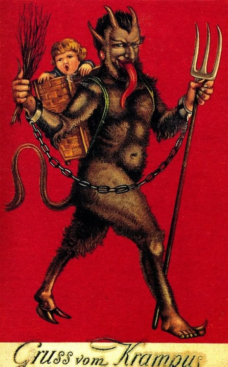 ex0skeletal:  Krampus is a beast-like creature from the folklore of Alpine countries thought to punish children during the Christmas season who had misbehaved, in contrast with Saint Nicholas, who rewards well-behaved ones with gifts. Krampus is said