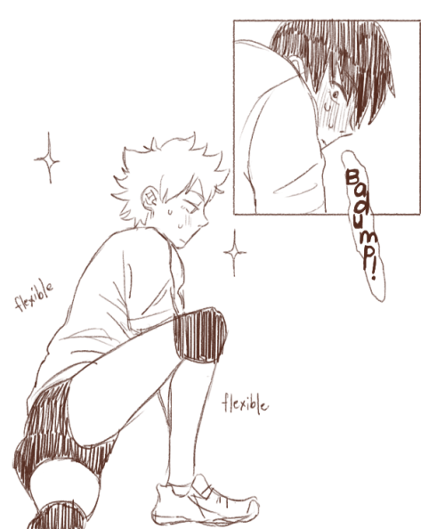 ohmilk: Anonymous asked milkbois: “If you still need ideas maybe a picture with Kageyama and Hinata stretching after practice and Kageyama gets flustered because Hinata is really flexible so he gets dirty thoughts?”