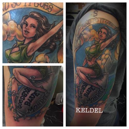 Finished Lauren’s Vonnegut bomb girl! Some healing, some fresh. #vonnegut #vonneguttattoo #kur