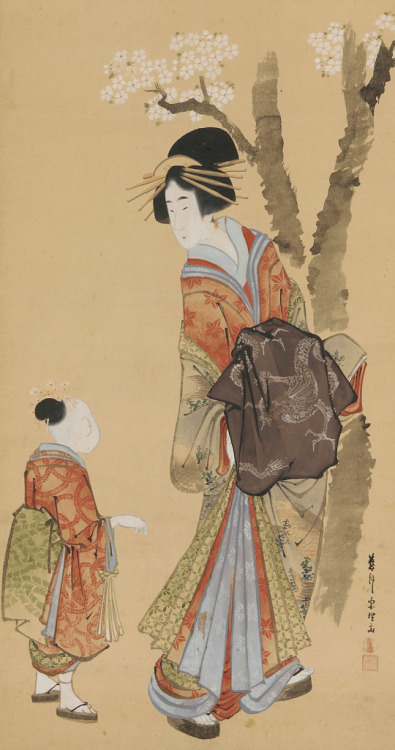thekimonogallery:A courtesan and her attendant under a cherry tree. Color on paper.  Late 18th 