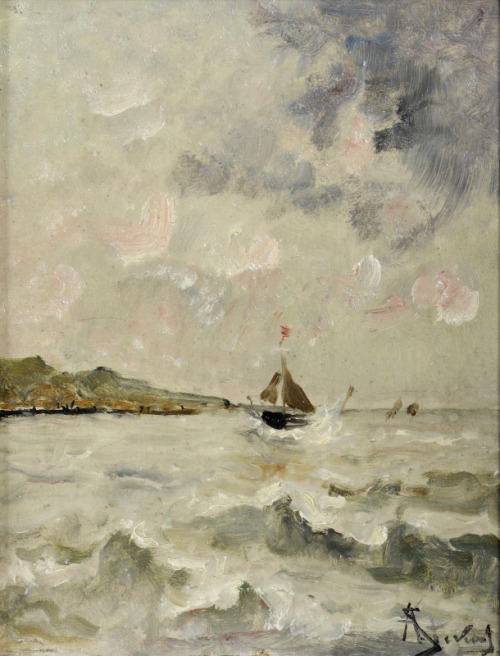 amare-habeo:Alfred Stevens (1823-1906)Sailing ship in the sea (Voilier en mer), N/D