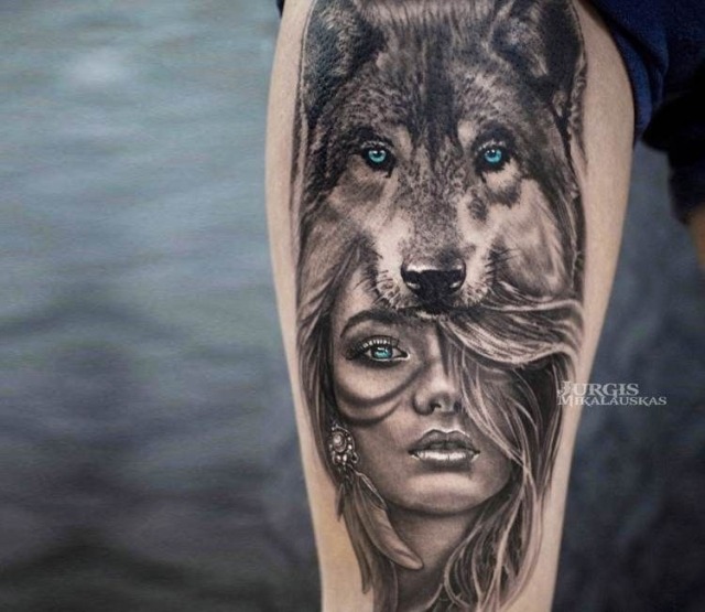 Pretty 2 colors realistic tattoo style of Wild girl with blue eyes, done by tattoo artist Jurgis Mikalauskas #tattoo #art #ink #wolf #girl #blueeyes #realistic #tattoo#art#ink#wolf#girl#blueeyes#realistic