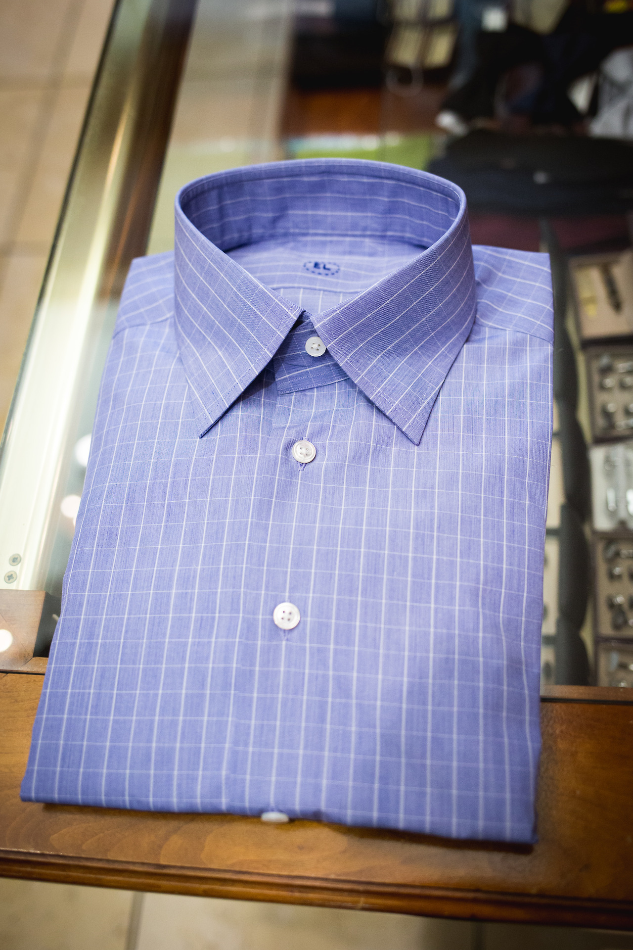 Ascot Chang — Blue with white checks, featuring a stiff...