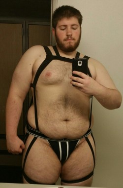imthehuggernaut:  Body harness. Weight loss + body hair edition? I felt like I was rocking it anyway. 