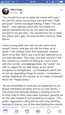 latinostyles: ellen page just came forward on facebook about the abuse she’s suffered in the hollywood industry, as a woman and as a lesbian. she apologized for the movie she did with woody allen, saying it was her choice, her mistake and that she regrets