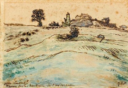 Farm on the hills of the Ardoisière near Cusset, Jean-Francois MilletMedium: ink,watercolor,paper