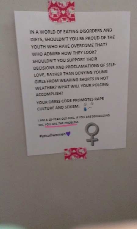 theresnorevolution:  fuckyeahfeminists:  clementinemorrigan:  hiddenjumprope:  thecatsmeow90:  My lovely friends and I did a thing.  I love that this is happening.  I was fighting dress codes when I was thirteen / fourteen. That was back in 1999 and 2000.