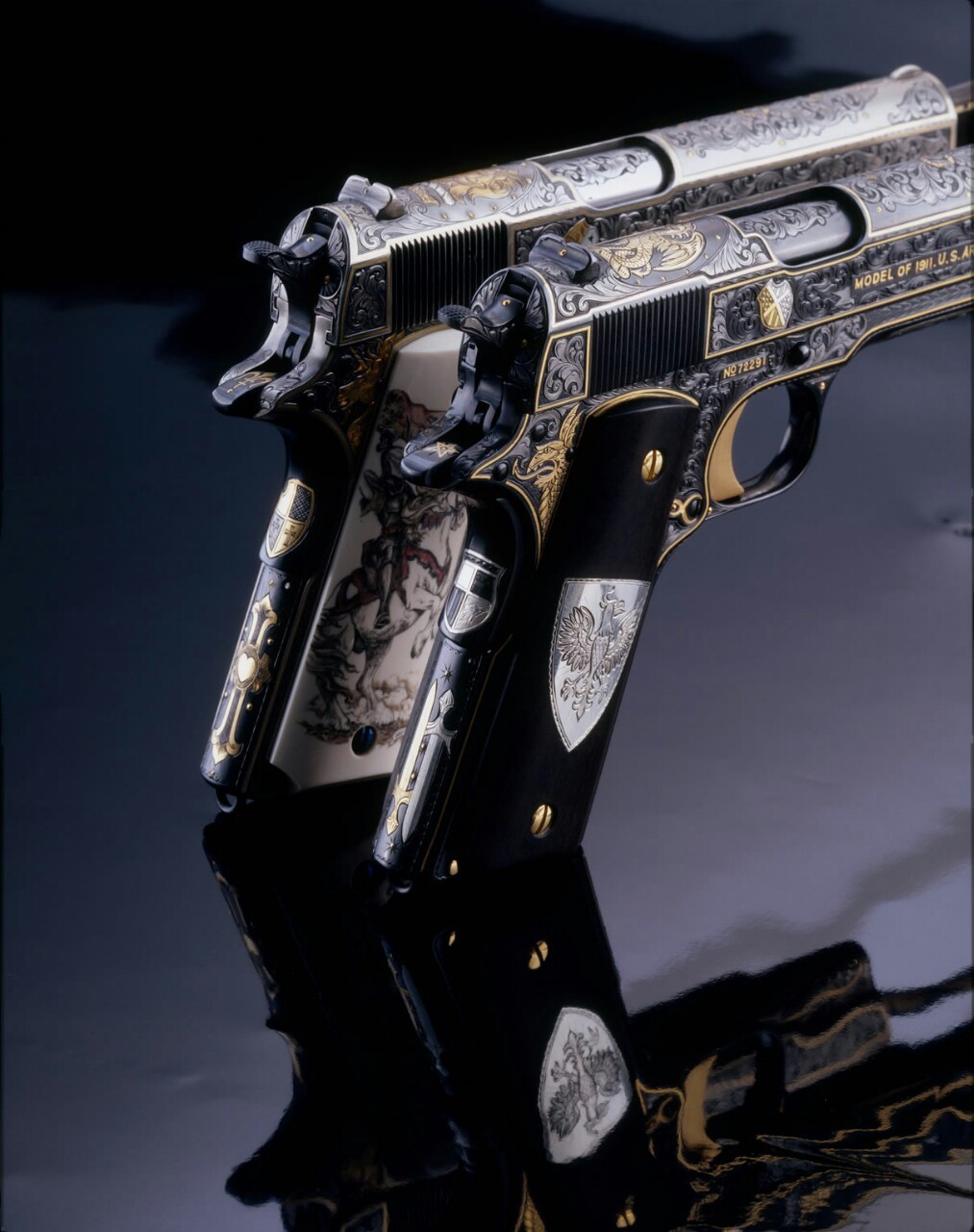 badger-actual:  White and Black Knight, Colt 1911s. 