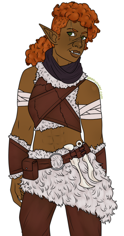 geekydoesart:[id: a drawing of a thin, muscular half-orc-half-elf woman. She has olive skin and dark