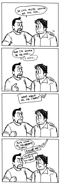 dapbuns:  tony stark, bruce banner, jarvis, and their huge confused robot child with agressive tendencies