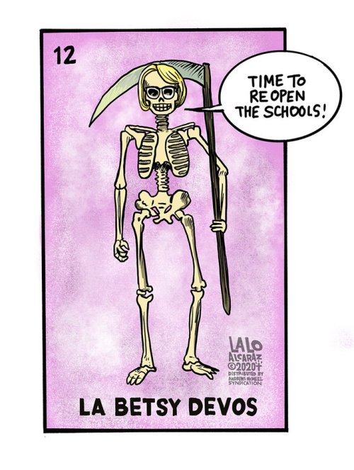 “VOTERIA cartoon in honor of Education Secretary Betsy DeVos. Please share #laloalcaraz cartoons”- @