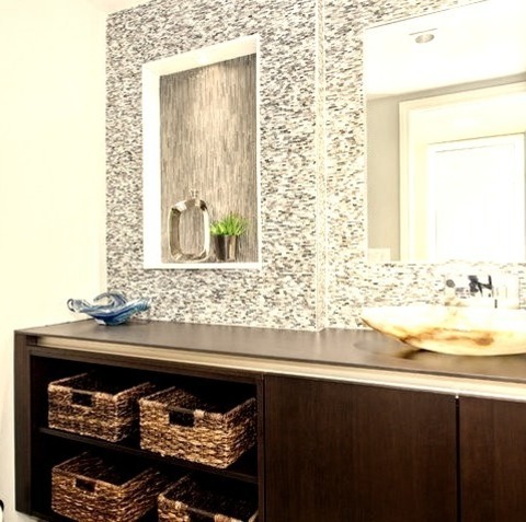 3/4 Bath Bathroom Small Trendy 3/4 Gray Tile And Glass Tile Porcelain Tile Bathroom Photo With A Vessel